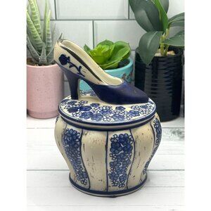 Blue & Cream Floral Ceramic Trinket Box With High Heel Shoe Lid